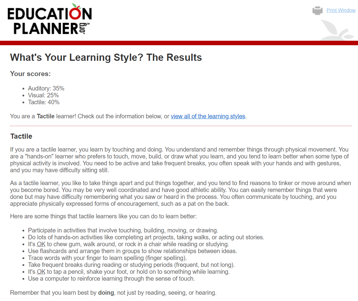 My results of the Learning Style test